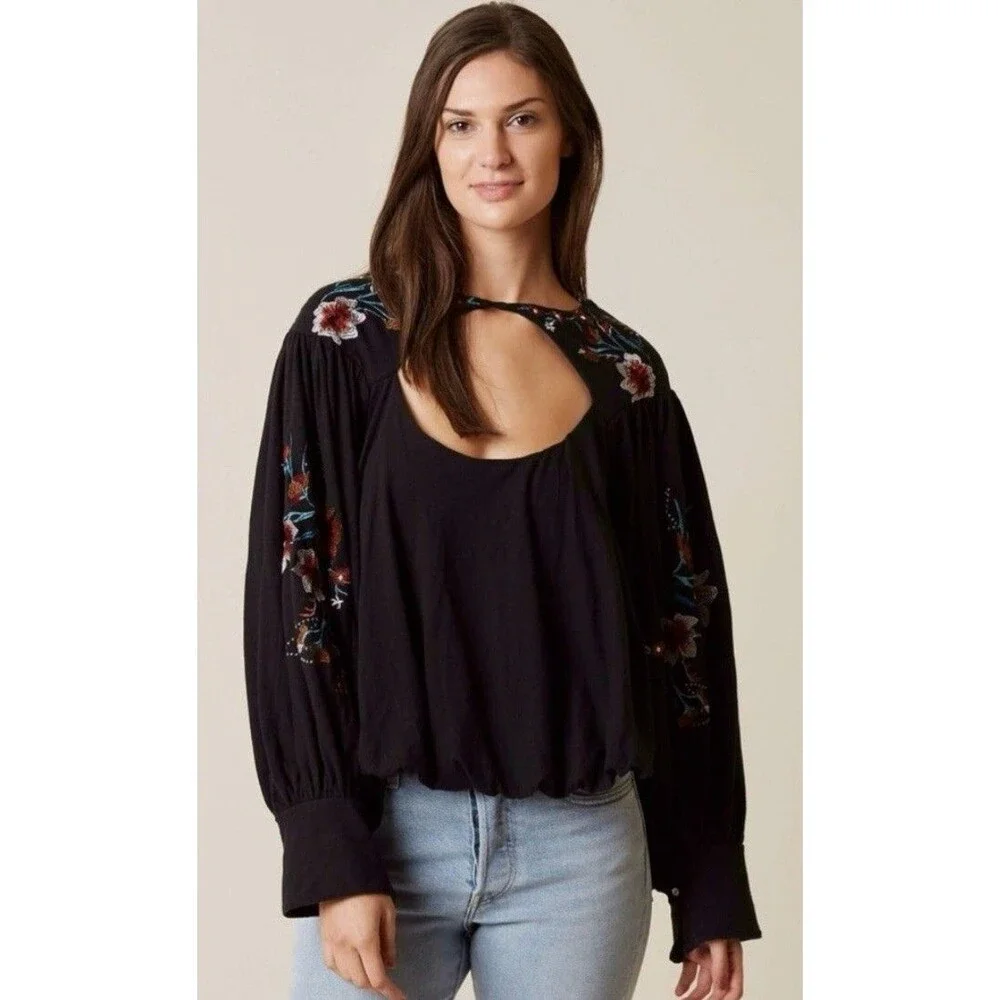 Free People Whimsical Embroidery Black Top Size M - Picture 2 of 8